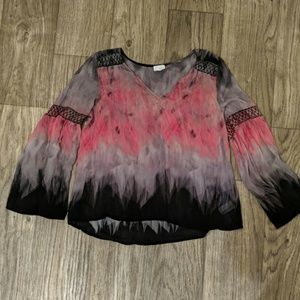 Ecru Pink and Black Bell Sleeve Silk Top